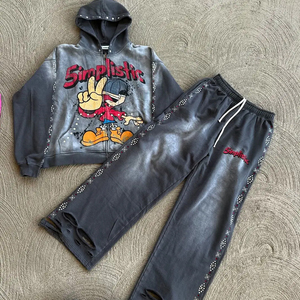 Ensemble de survêtement bleu foncé simpliste avec imprimé de personnage, sweat à capuche et pantalon, fermeture éclair, manches longues, streetwear, coupe ample, pour adultes, automne - Product Image 5
