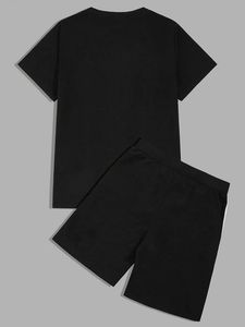 Black Men Casual T Shirt and Shorts <b>Set</b> Two Piece Outfit Elastic Waist Summer Lounge Wear - Product Image 2
