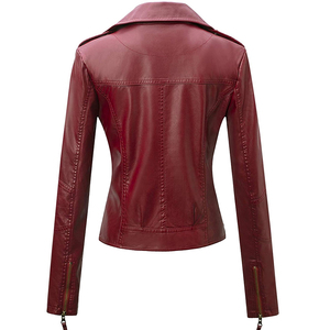 Veste d'hiver pour femme en cuir véritable rouge, coupe slim, col rabattu, fermeture éclair, longueur normale, couleur unie - Product Image 2
