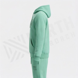 Survêtement unisexe vert menthe à capuche, couleur unie, décontracté, avec poches latérales et cordon de serrage - Product Image 3