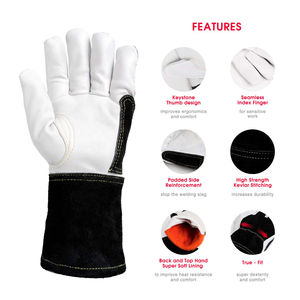 Gants de soudage en cuir fabriqués en usine, paume blanche, dos noir, manchette longue, résistants à la chaleur, type A, protection contre les éclaboussures - Product Image 2