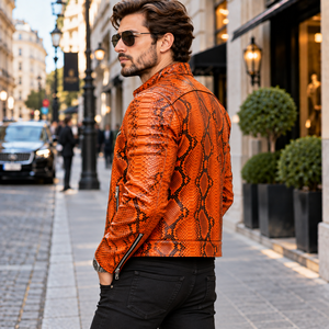 Mens Orange Python Print Leather <b>Biker</b> <b>Jacket</b> | Genuine Leather Motorcycle <b>Jacket</b> | Luxury Snakeskin Pattern Winter <b>Jacket</b> - Product Image 2