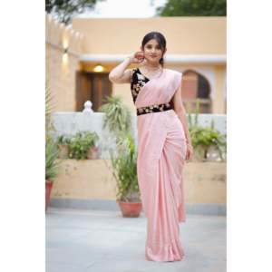 Sari indien en organza fait main avec embellissements pêche, imprimé floral scintillant, silhouette droite, design élégant, pour femme, toutes saisons - Product Image 5