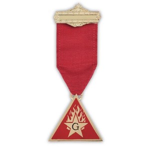 Custom Master of Ceremonies Allied Masonic Degrees Breast Jewel Gold Plated Triangle with <b>Compass</b> G Medal with Red Ribbon - Product Image 1