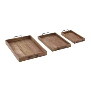 Ensemble de 2 plateaux de service rectangulaires en bois, design minimaliste solide, fabriqués à la main, type assiette pour servir les aliments, avec poignées - Product Image 5