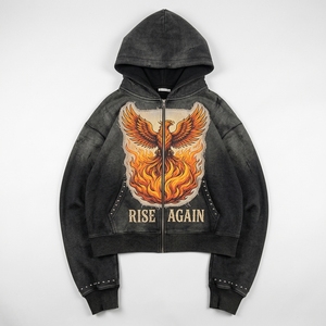 Sudadera con capucha personalizada de felpa francesa con gráficos y remaches, de algodón de alto gramaje, con cremallera, efecto vintage lavado ácido, descolorida por el sol, corta y con pedrería - Product Image 1