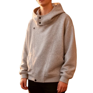Sweat-shirt en molleton de coton asymétrique à capuche pour homme, coupe-vent, écologique, sans doublure, boutonné, collection automne/hiver, tricot personnalisé - Product Image 1