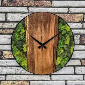 Modern Wooden Moss Wall Clock Handmade Natural Wood & Preserved Moss Round Wall Clock Rustic Home Decor Silent Non Ticking Clock - Product Image 3