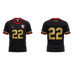 Camiseta de Fútbol Americano Personalizada Sublimada 100% Poliéster para Fanáticos |   Uniforme de Equipo Rojo Negro Dorado |   Cuello en V, Numerado, Transpirable - Product Image 1