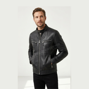 Chaqueta de Cuero Vintage para Hombre al por Mayor con Logotipo Bordado y Diseños de Parches, Cuello Vuelto y Cierre de Cremallera - Product Image 5