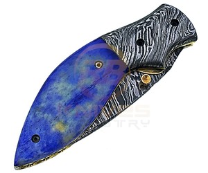 Couteau pliant artisanal en acier Damas avec manche en os bleu - Product Image 6