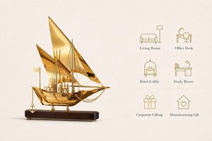 เรือใบทองเหลืองประดับตกแต่งพร้อมฐานไม้ |   โมเดลเรือประมงทำมือสำหรับตกแต่งโต๊ะทำงานที่บ้านและเป็นของขวัญ - Product Image 4