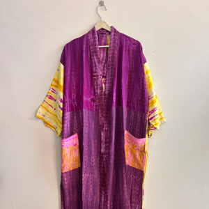 Kimono de Seda para Mujer, Kimono Largo de Seda Sari Reciclada, Kimono Tie Dye Hecho a Mano - Product Image 1