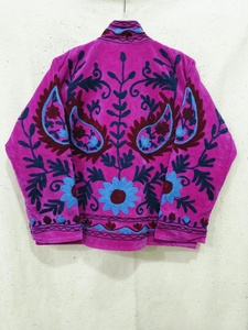 <b>Pink</b> Velvet Suzani <b>Jacket</b> <b>Women</b> Stand Collar Floral Embroidered Boxy Coat 100% Cotton Breathable & Windproof All Seasons - Product Image 2