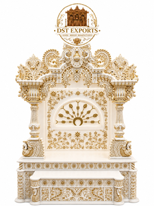 Elegant White & Gold Teak <b>Wood</b> Traditional Hand-Carved Hindu <b>Temple</b> Mandir with Peacock Design Storage for Home USA - Product Image 2