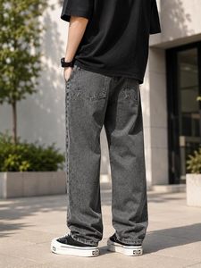 Jean en denim de coton pour homme, coupe ample à jambe large, taille mi-haute, délavé, écologique, vintage, couleur unie, pour l'automne - Product Image 3