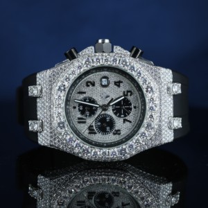 Montre chronographe de luxe en acier inoxydable glacé, avec lunette entièrement sertie de diamants Moissanite CZ, montre à quartz pour homme, bracelet en caoutchouc noir - Product Image 1