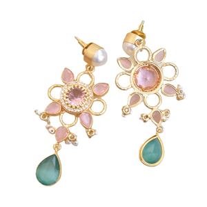 Boucles d'oreilles clous en laiton perlé, zircon, semi-précieux, plaqué rhodium, style avant-gardiste, vente en gros - Product Image 5