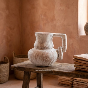 Jarra de Cerámica Rústica Curvana de Terracota, Hecha a Mano, con Asa Unida, Acabado Desgastado con Pátina Blanca - Product Image 3