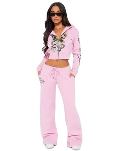 Custom Pink Ladies Tracksuit Set 2-Piece <b>Cropped</b> Sweatshirt Wide Leg Pants Solid Pattern Short <b>Tops</b> Ladies Loungewear - Product Image 2