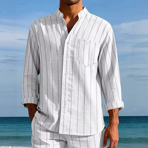 Chemise décontractée en lin pour homme à manches longues et col montant rayé, simple boutonnage, respirante, coupe tendance en tissu satiné - Product Image 3