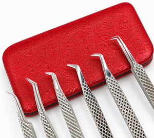 Juego de Pinzas para Extensión de Pestañas al por Mayor, 6 Piezas, Herramientas de Precisión de Acero Inoxidable con Estuche de PU Rojo - Product Image 3