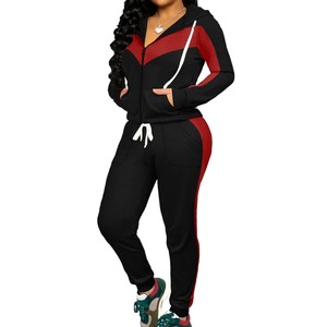 Women's Black Red Color Blocking Tracksuit Full Sleeve Hooded Zipper Closure Casual <b>Joggers</b> Set Autumn Breathable 100% <b>Polyester</b> - Product Image 1