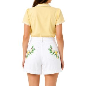 Shorts en jean taille haute pour femme, personnalisés, brodés de fleurs blanches, décontractés, en coton extensible, pour l'été, avec logo personnalisé - Product Image 2