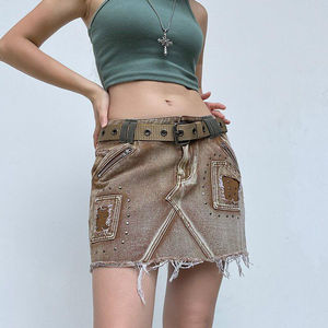 Minifalda vaquera Y2K desgastada y elegante para mujer, shorts de mezclilla transpirables, diseño de patchwork estilo grunge, lavado, sexy y a la moda. - Product Image 3