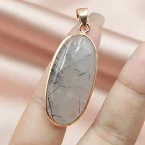 <b>Top</b> Quality Black Rutile Quartz Oval Pendant 925 Silver <b>Rose</b> Gold Yellow Gold Plated Handmade Gemstone Jewelry Minimalist Design - Product Image 2