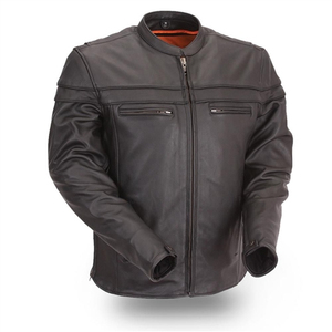 <b>Men's</b> Black Genuine <b>Leather</b> Motorcycle <b>Jacket</b> Moto Biker Style Stand Collar Zipper Closure Windproof Autumn Wear - Product Image 4