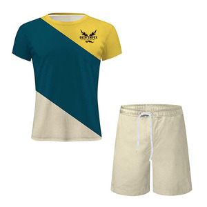 Conjunto de camiseta y pantalones cortos para hombre Ekin Impex con bloques de color, cuello redondo, tejido de punto de secado rápido, ropa casual de verano, conjunto corto unisex. - Product Image 1
