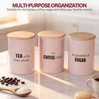 Contenants de stockage alimentaire en métal rose avec couvercles en bois, forme cylindrique, design hermétique pour la conservation des épices de cuisine, style minimaliste