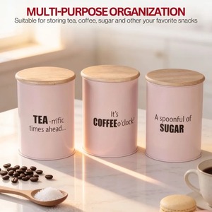 Pink Metal Food Storage Containers With Wooden Lids Cylinder Shape Airtight Design For <b>Kitchen</b> Spice Preservation Minimalist - Product Image 5