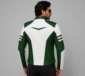 Blouson moto homme en cuir véritable vert et blanc, col montant, fermeture éclair, coupe ajustée, style automne - Product Image 2