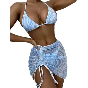 Maillot de bain d'été pour femme, ensemble bikini sexy 2 pièces, imprimé personnalisé, haut triangle dos nu et bas de bikini froncé à cordon - Product Image 2