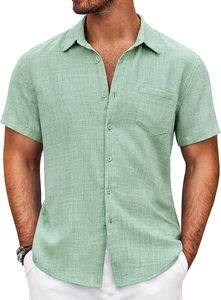 Camisa de Lino de Verano para Hombre con Logotipo Personalizado, Manga Corta, Cuello con Solapa, Lisa y Estampada, Estilo Hawaiano a Rayas, con Botones Ocultos, para la Playa - Product Image 4