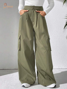 Pantalon cargo décontracté taille haute pour femme, nouvelle collection automne, coupe large, en pur coton, avec plusieurs poches, broderie, style devant plat - Product Image 3