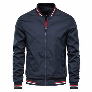 Blouson Bomber Léger Bleu Marine pour Hommes avec Col et Poignets Rayés Rouge et Blanc Style Universitaire – Vêtement d'extérieur Sportif et Décontracté - Product Image 1