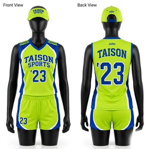 Uniforme de Voleibol Premium, Amarillo Neón y Azul, Malla de Poliéster 160 GSM, Jersey con Logotipo Sublimado, Pantalones Cortos, Corte Atlético - Product Image 1