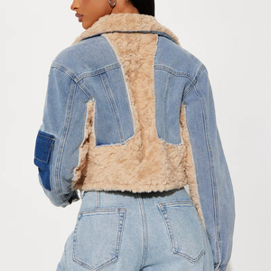 Women's Sherpa <b>Denim</b> <b>Jacket</b> Faux Fur Patchwork <b>Cropped</b> <b>Denim</b> <b>Jacket</b> Winter Warm Custom OEM ODM Fashion Streetwear Coat - Product Image 3