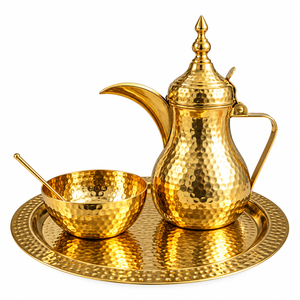 Middle Eastern Style Metal Coffee Pot <b>Set</b> With Gold Finish And Hammered Design For <b>Tea</b> Drinking - Product Image 3