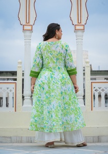 Women's Plus Size Cotton Viscose Anarkali Kurta Green Tie And <b>Dye</b> Printed Round Neck Three Quarter Sleeves Beautiful Fit - Product Image 4