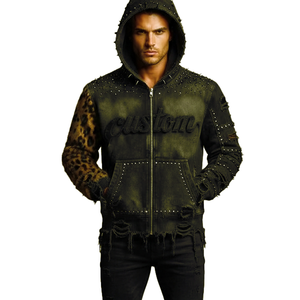 Custom Acid Wash Distressed Denim Hooded <b>Jacket</b> With Leopard Print One Sleeve And Second Sleeve With <b>Rhinestone</b> For Comfort Wear - Product Image 4