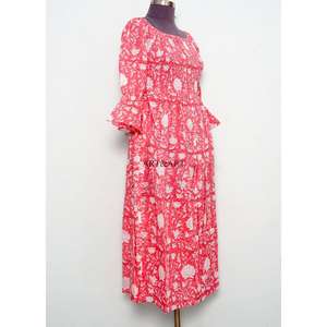 Vestido maxi de algodón 100% puro para mujer, estampado floral indio hecho a mano, manga acampanada, dulce, cómodo, informal, sencillo para la noche. - Product Image 4