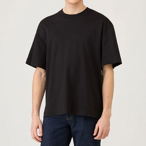 T-shirt en coton noir pour homme, col rond, manches courtes, décontracté, couleur unie, coupe ajustée, longueur standard, style tricoté uni - Product Image 3