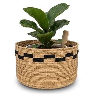 Handcrafted Natural Seagrass Woven <b>Storage</b> Basket Black Checkered Round Decorative Organizer <b>Bin</b> For Boho Home Decor - Product Image 3