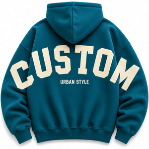 Wholesale Custom Urban Style Teal <b>Drop</b> Shoulder Hoodies Oversized Heavyweight Cotton Unisex Pullover <b>Back</b> Lettering Print Tops - Product Image 2