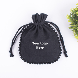 Custom Logo Cotton <b>Drawstring</b> <b>Pouch</b> Black Jewelry Packaging Bag With Pom Pom Trim Hot Stamping Printing Accessories - Product Image 5