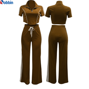 Conjunto de Dos Piezas de Alta Calidad, Pantalones Largos Casuales con Cierre Frontal y Top Corto de Punto con Cuello Alto y Mangas Cortas - Product Image 4